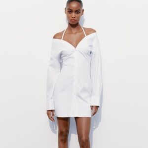 ZARA NEW WOMAN SS24 WHITE OFF-THE-SHOULDER GABARDINE DRESS SIZE: S, XS